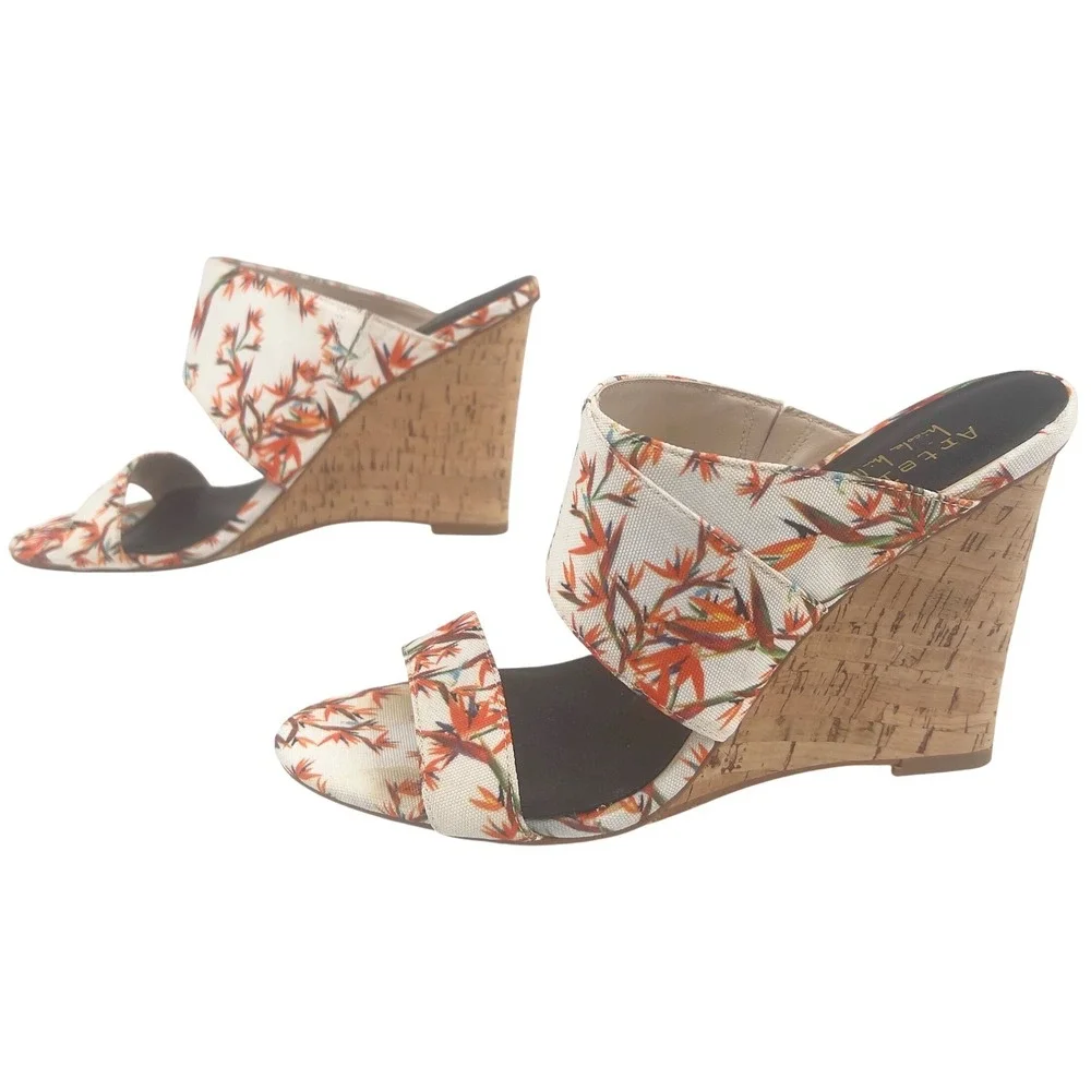 Nicole Miller Artelier Waylon Womens Cork Wedge Mule Floral Bird of Paradise 6.5